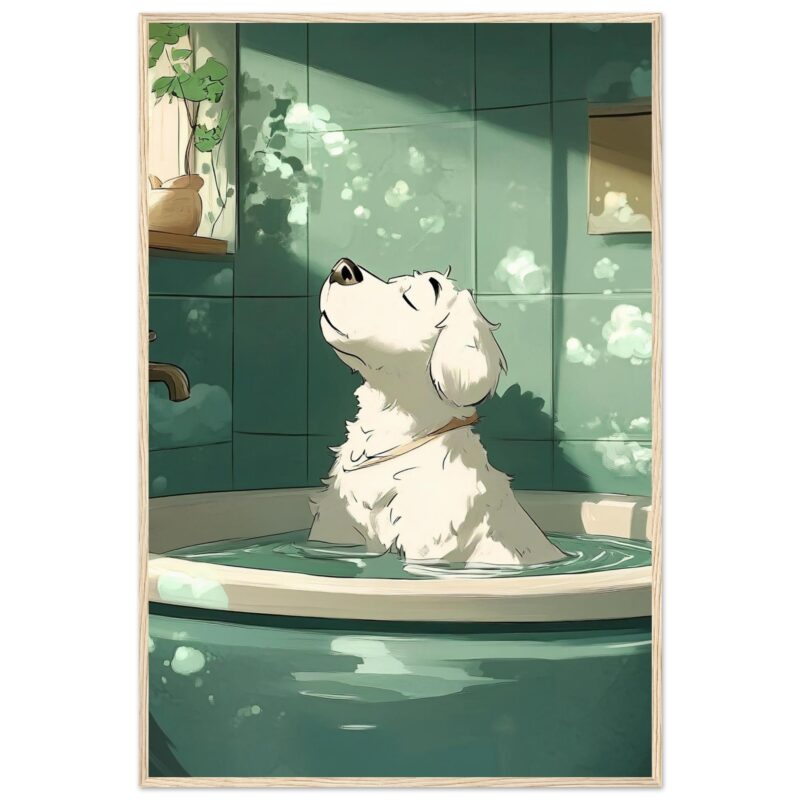 785b7696-6b8a-4b3d-bd6a-89ef6559b0ab.jpg Relajación de perro en baño con burbujas, dibujo digital de arte adorable y tranquilo.