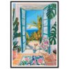Paisaje interior con vista al mar y plantas tropicales, estilo pintura moderna y colorida.