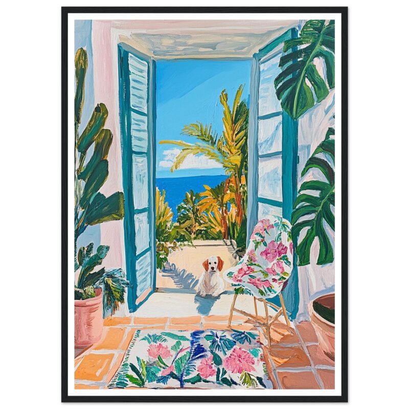 Paisaje interior con vista al mar y plantas tropicales, estilo pintura moderna y colorida.