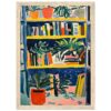 Libros y plantas en estantería, estilo pintura vibrante y moderna.