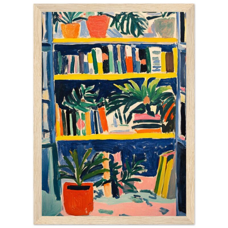Libros y plantas en estantería, estilo pintura vibrante y moderna.