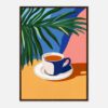 Taza de café en estilo digital con plantas verdes y fondo colorido.