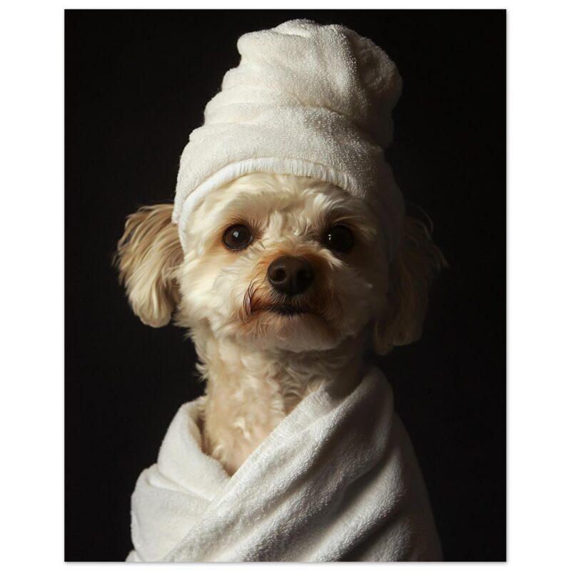 Perro con toalla blanca en cabeza y camiseta en fondo negro.