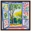 Ventana con vista a un jardín con árboles y flores en estilo pintura acrílica.