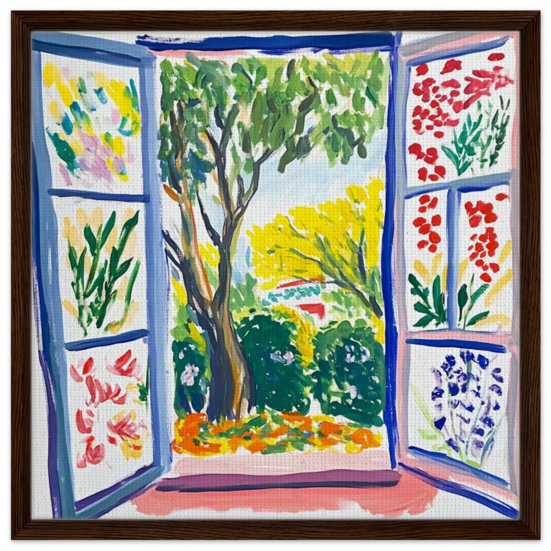 Ventana con vista a un jardín con árboles y flores en estilo pintura acrílica.