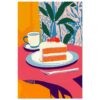 Tarta de zanahoria y té sobre mesa con fondo de plantas verdes y estilo artístico colorido.