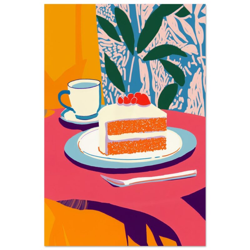 Tarta de zanahoria y té sobre mesa con fondo de plantas verdes y estilo artístico colorido.
