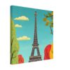 Cielo azul con nubes y Torre Eiffel en estilo ilustración moderna.