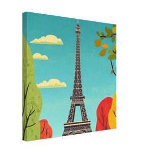Cielo azul con nubes y Torre Eiffel en estilo ilustración moderna.
