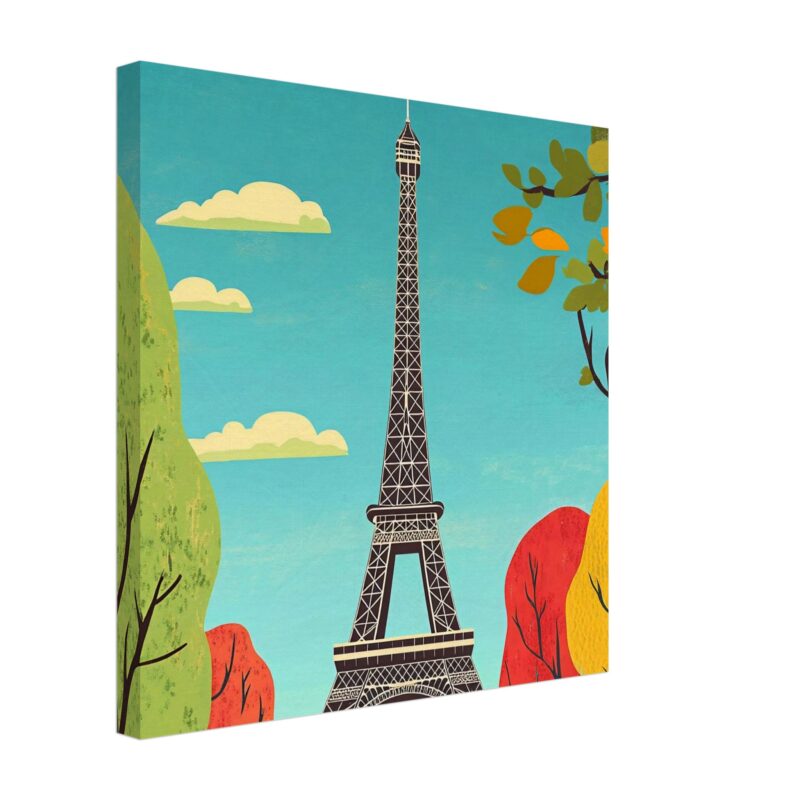 Cielo azul con nubes y Torre Eiffel en estilo ilustración moderna.