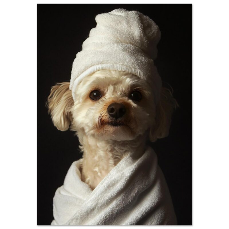 Perro con toalla en la cabeza y bata, estilo de fotografía artística para branding, mascotas, peluquería canina y anuncios publicitarios.