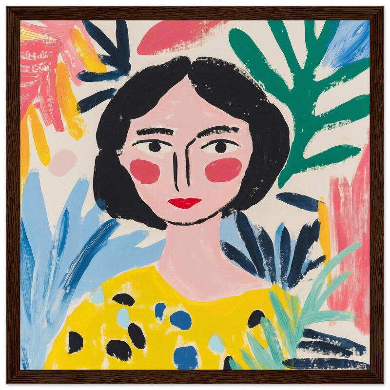 Hermosa ilustración de retrato estilo moderno y colorido con detalles de naturaleza tropical.