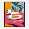 Pastel de zanahoria con crema y frutas en vajilla colorida, estilo artístico digital.
