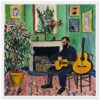 Guitarrista tocando en interior con plantas y obras de arte, estilo impresionista, ambiente acogedor, arte y música, decoración artística.