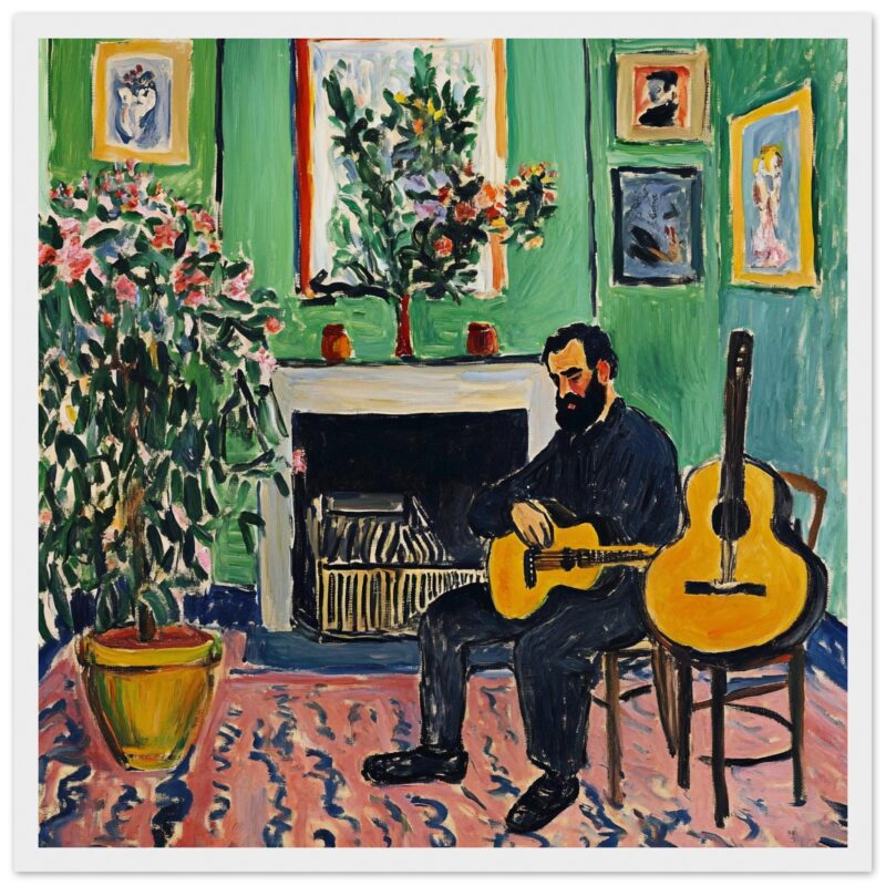 Guitarrista tocando en interior con plantas y obras de arte, estilo impresionista, ambiente acogedor, arte y música, decoración artística.