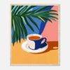 Taza de café con fondo colorido y planta decorativa, diseño moderno y artístico para decoración interior.