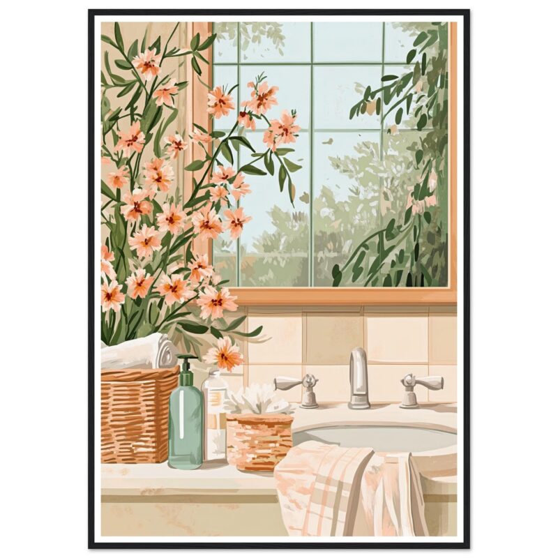 Ramo de flores en jarrón decorativo con ventana y naturaleza exterior en estilo moderno.