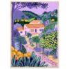 Colores vibrantes y naturaleza en un paisaje de estilo artístico, con casas y vegetación exuberante.