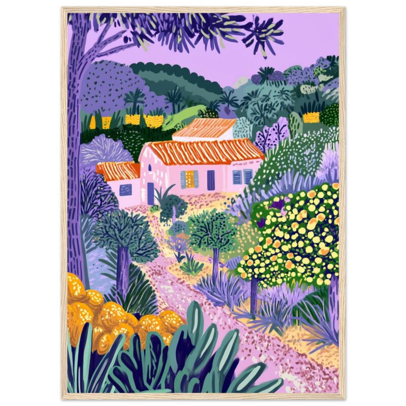 Colores vibrantes y naturaleza en un paisaje de estilo artístico, con casas y vegetación exuberante.