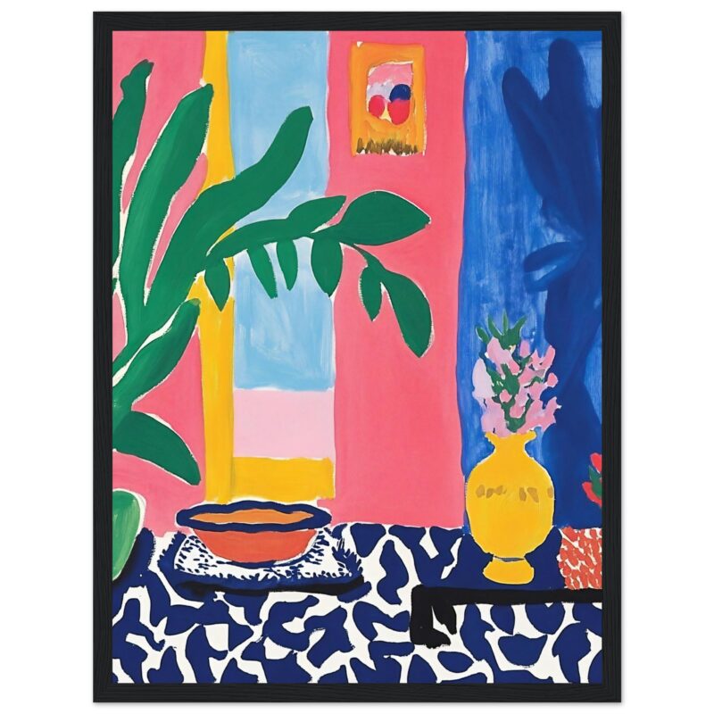 7bf277b6-5c66-4e98-a186-01515cbddd09.jpg Bodegón con plantas y flores en estilo colorido y abstracto, decorado con paredes vibrantes y detalles artísticos.