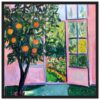 Naranjas en un árbol en un jardín con vista a un balcón colorido en estilo pintura impresionista.
