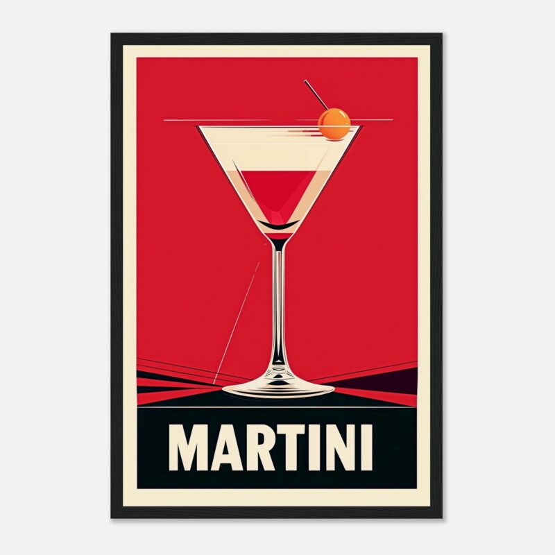 Cóctel Martini en estilo vintage con fondo rojo y diseño minimalista.