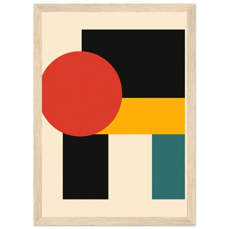 Red circle with black, yellow, beige, and teal squares, minimalistic abstract art.