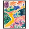 Colores vibrantes y estilo artístico en pintura de paisaje paisajismo con árboles y sendero.