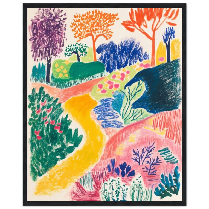 Colores vibrantes y estilo artístico en pintura de paisaje paisajismo con árboles y sendero.