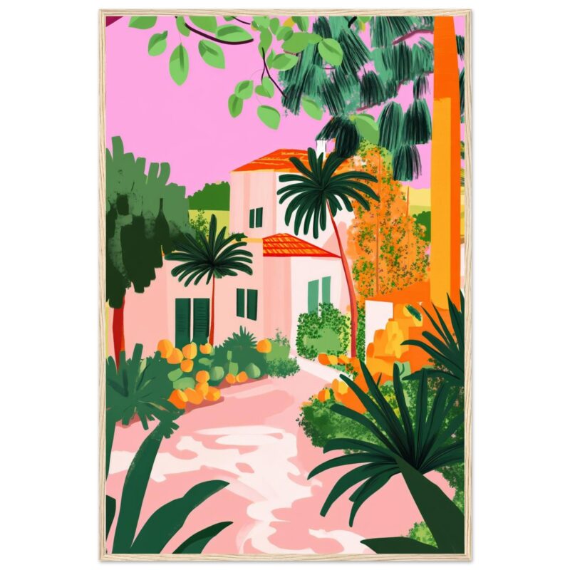 Colorida ilustración de una casa rodeada de palmeras y vegetación tropical en un entorno exterior.