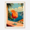 Vaso de cóctel con naranja, vista al mar y paisaje costero en estilo ilustración digital.
