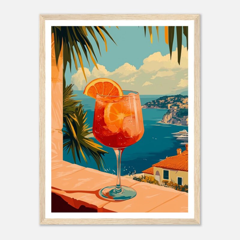 Vaso de cóctel con naranja, vista al mar y paisaje costero en estilo ilustración digital.