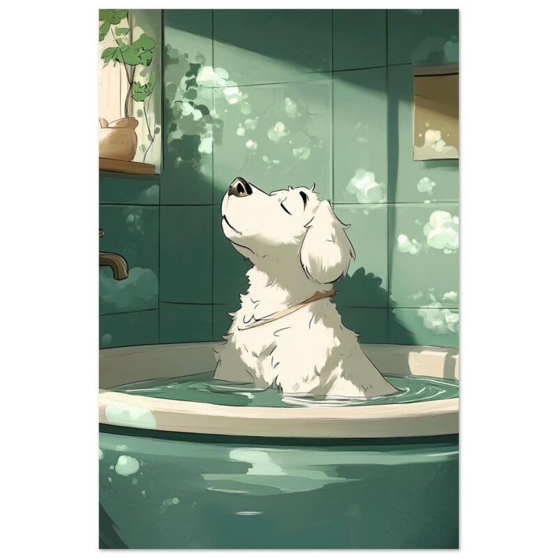 7e39f637-d1db-473d-9f35-4f54c1bef977.jpg Diseño digital de un perro en baño relajante, arte digital, estilo ilustración, mascotas, bienestar animal, estilo moderno.