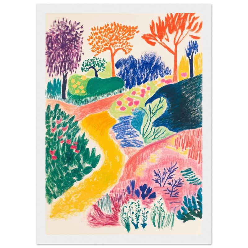 Rama de árbol, sendero y naturaleza en dibujo artístico colorido.