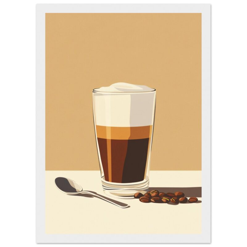 Suave café con leche en vaso, crema batida y semillas de café en primer plano, estilo digital.