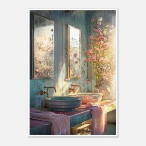 Bámbito de un baño con lavabos de cerámica, espejos y plantas en el interior, estilo artístico artístico digital, ambiente luminoso y cálido.