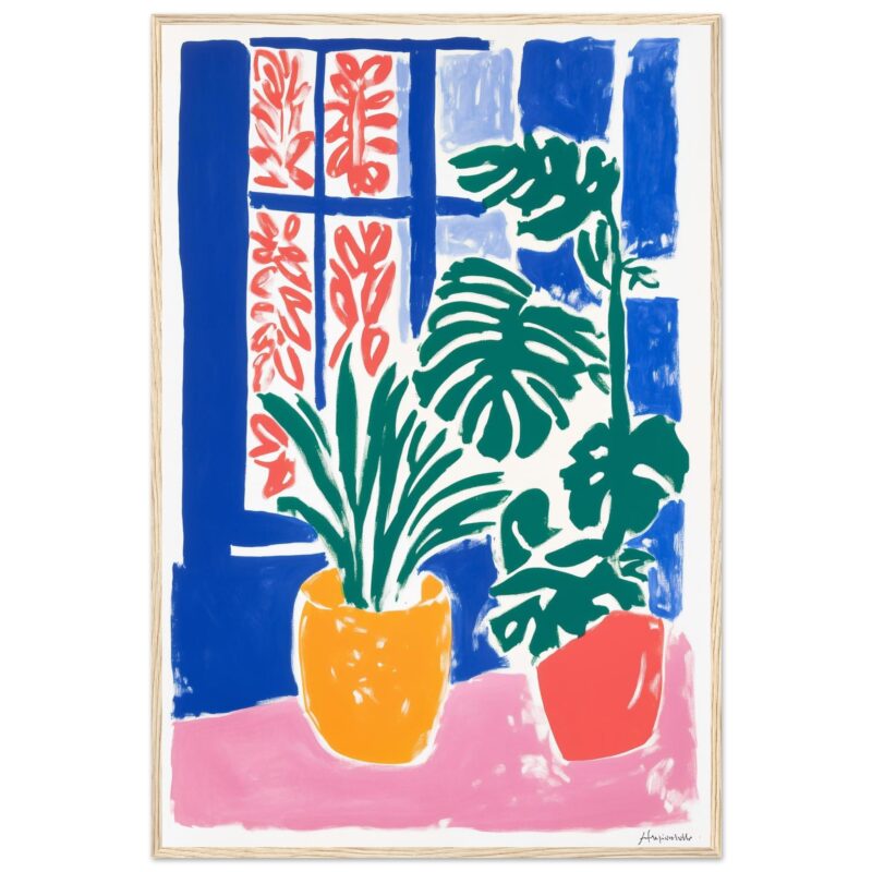 7edec0fa-549b-44f4-9eac-d4e16dc47378.jpg Hierro, plantas y ventana con estilo artístico y colorido en una ilustración moderna.