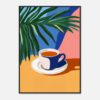 Taza de café con planta en fondo colorido, estilo de arte digital moderno.