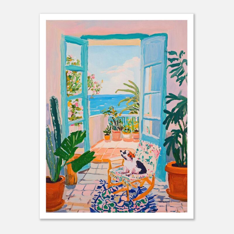 Jarrón con plantas y vista al mar desde terraza, estilo pintura acuarela, decoracion colorida y ambiente relajante.