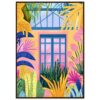 Ventanas con jardín tropical, ilustración vibrante y moderna, arte digital colorido para decoración.