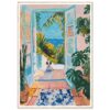 Puerta abierta con vista a la playa, pintura moderna con plantas tropicales, arte decorativo de estilo vibrante y colorido.