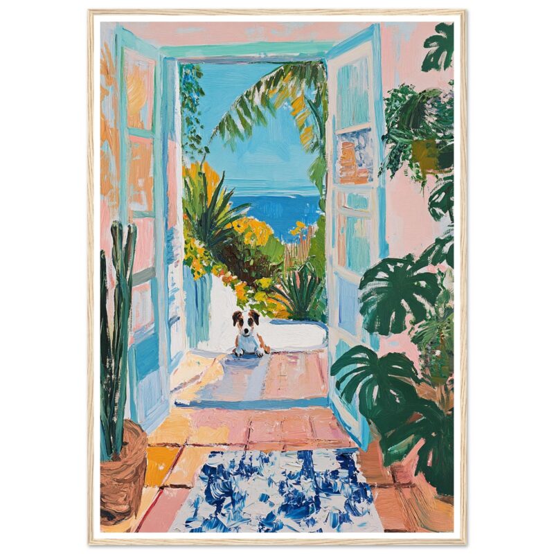 Puerta abierta con vista a la playa, pintura moderna con plantas tropicales, arte decorativo de estilo vibrante y colorido.