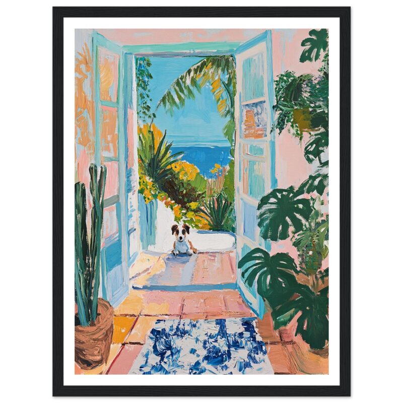 Puerta abierta con vista al mar y plantas tropicales, estilo pintura colorida y vibrante, decoración artística para espacios acogedores.