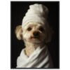 Perro con toalla y gorro, estética de cuidado y descanso para mascotas.
