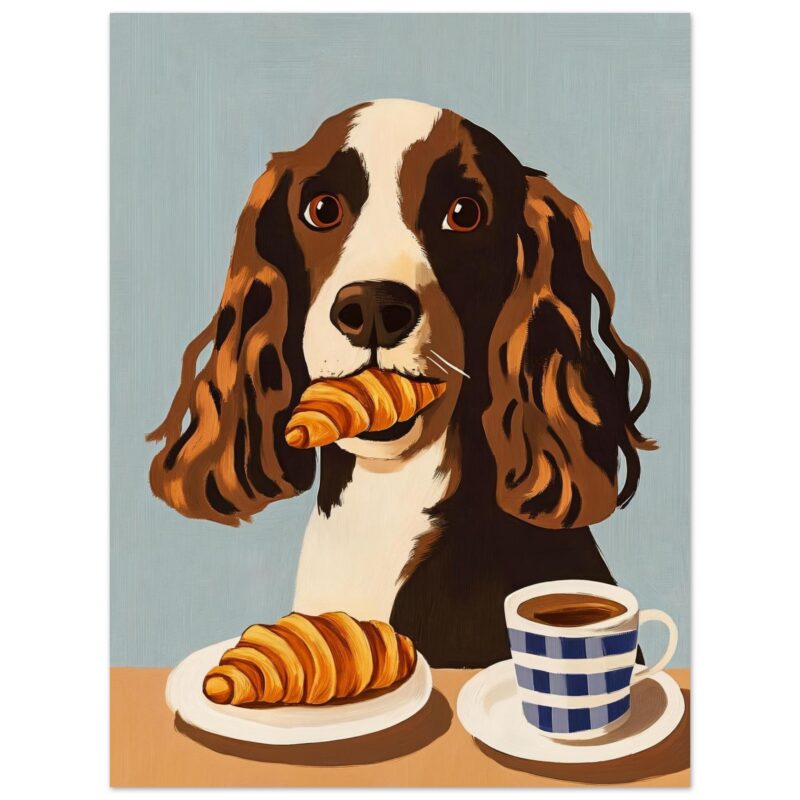 Perro con croissant en la boca y taza de café, ilustración moderna, arte digital, estilo realista, temática gastronomía y mascotas.