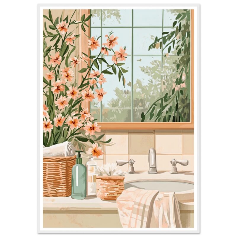 Ramo de flores rosa en jarrón en baño con ventana y vista a naturaleza.