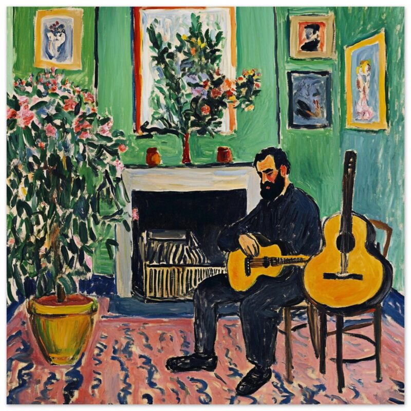 Guitarrista tocando en interior con muebles y plantas, estilo pintura expresionista, arte para decoración.
