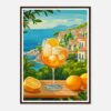 Refresco de naranja con hielo y rodaja de limón, vista panorámica de pueblo costero, arte digital de Digiart Studio.