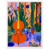 - Archivalente con violín en un jardín colorido, estilo artístico moderno.
