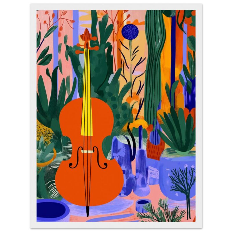 - Archivalente con violín en un jardín colorido, estilo artístico moderno.